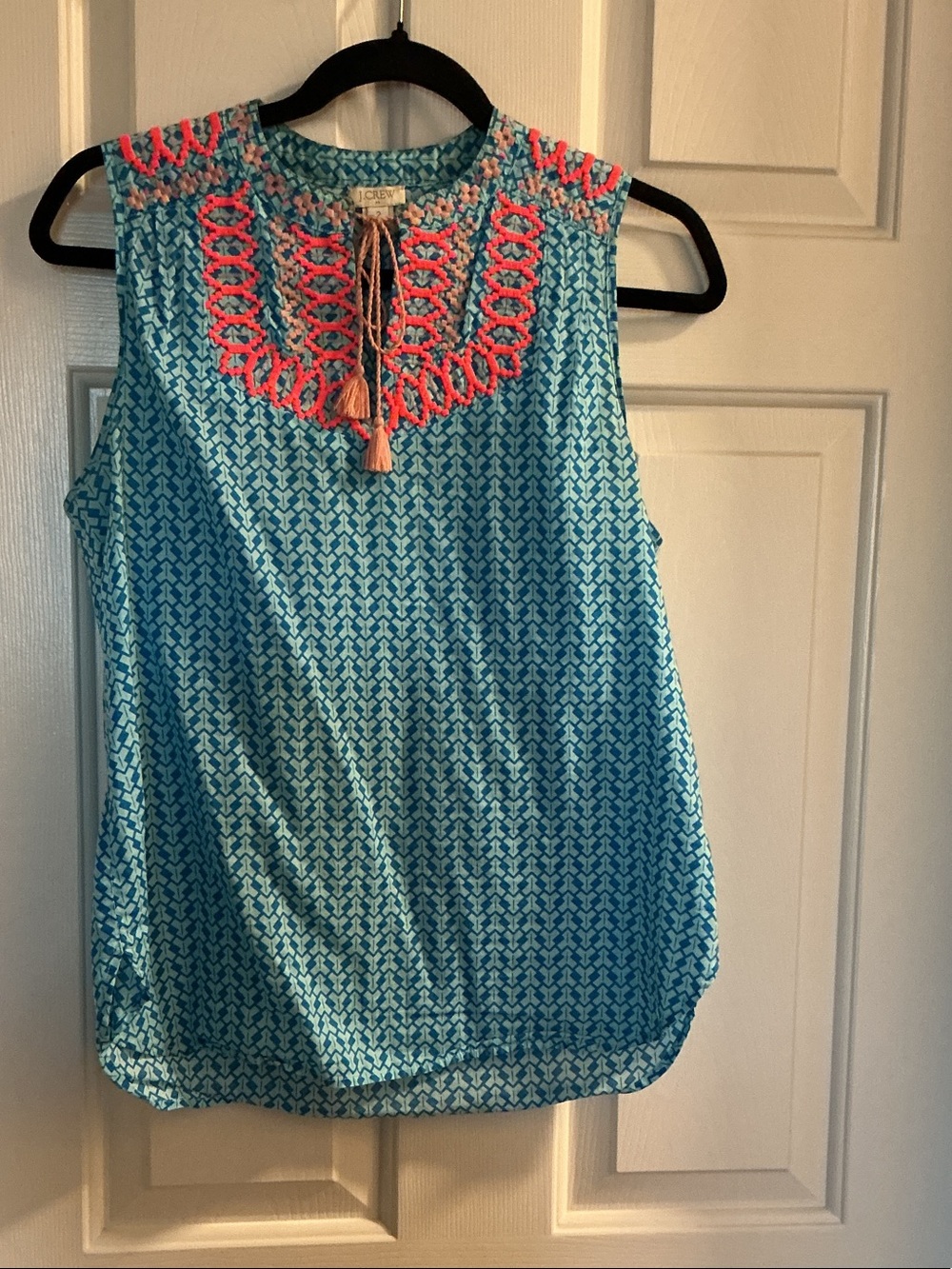 J. Crew Blue Sleeveless Embroidered Tank with Coral Trim